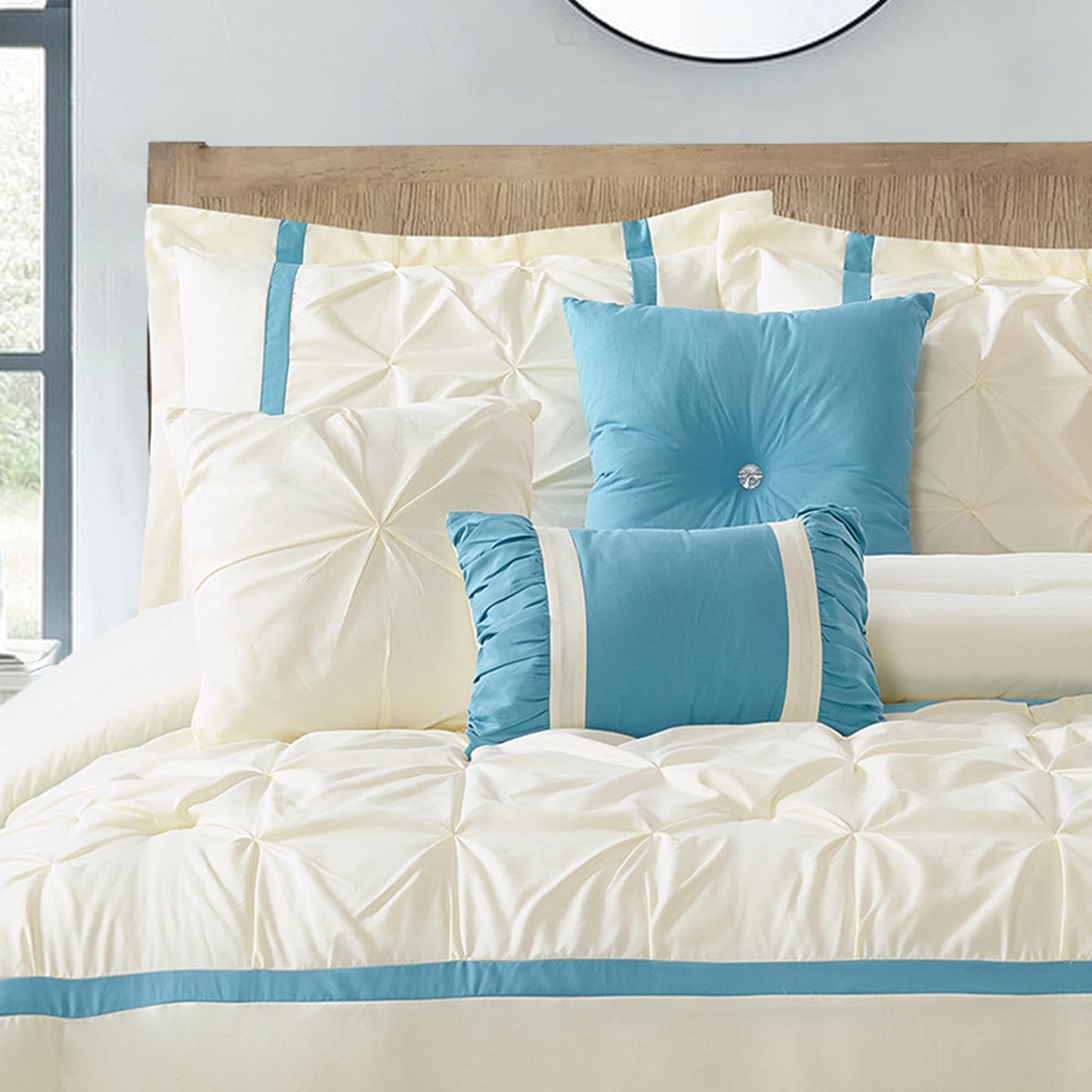 LANCO MODERN LIFESTYLE Beige Blue Comforter Set, King, 7 Piece Bed in a Bag, Microfiber Handcrafted Pintucking, All Season Bedding Set with Comforter, Bedskirt, Pillow Shams and Decro Pillows