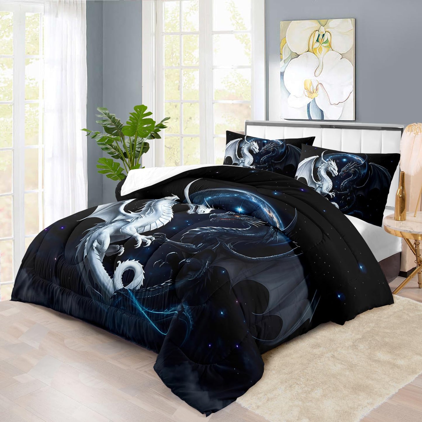 llyxsesty Black and White Dragon Comforter Set Queen for Boys Black Dragon Bedding Set Boys Gemini Universe Comforter Queen Quilt Animal Bedding Space Bed Decor Animal Home Decor