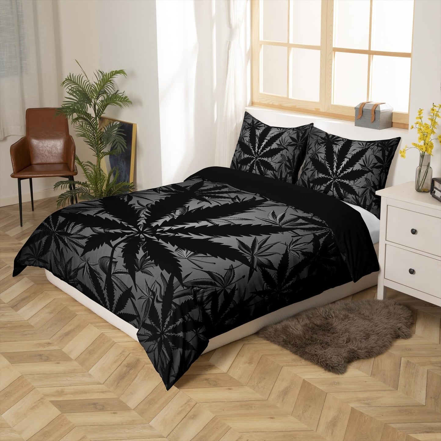 Erosebridal Leaf Bedding Set for Kids Boys Girls Teens,Neon Leaves Duvet Cover Queen,Leaf Bed Sets Lightweight,Botanical Plants Quilt Cover with 2 Pillowcases