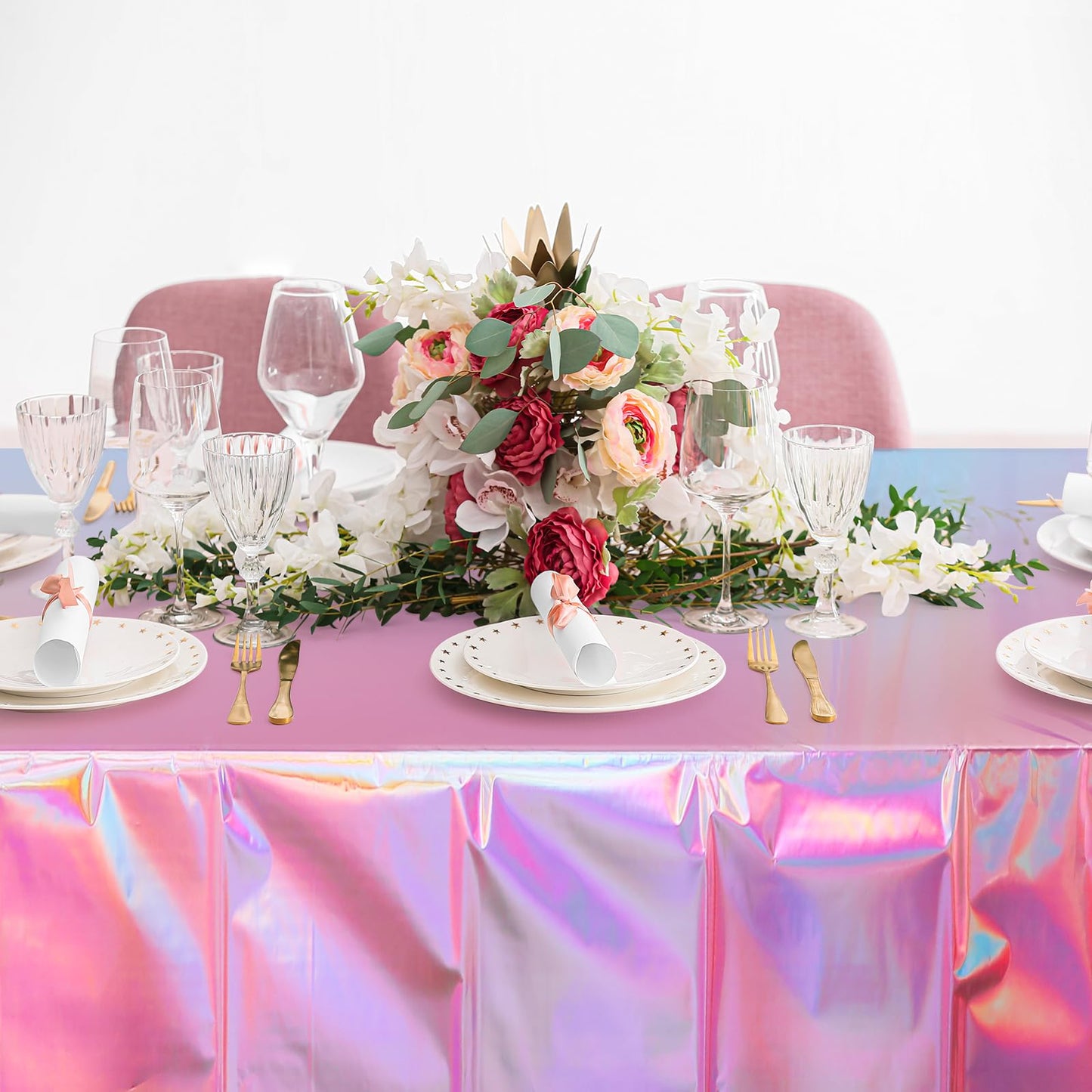 4 Pack Iridescent Pink Plastic Tablecloths, FunnyPars Shiny Disposable Laser Rectangle Table Covers, Holographic Foil Tablecloth Iridescent Party Decorations for Kpop Birthday Wedding Xmas, 54x108Inch