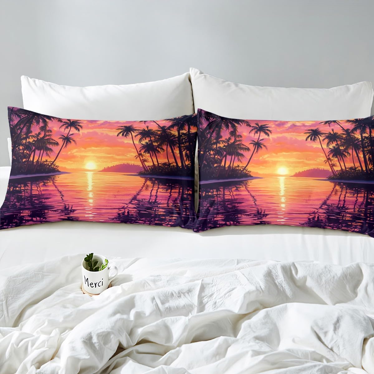 jejeloiu Purple Beach Theme Fitted Sheet Full Size Kids Palm Leaf Bed Sheets Set for Boys Girls Teens Sea Ocean Wave Summer Natural Scenery Bedding Set Room Decor