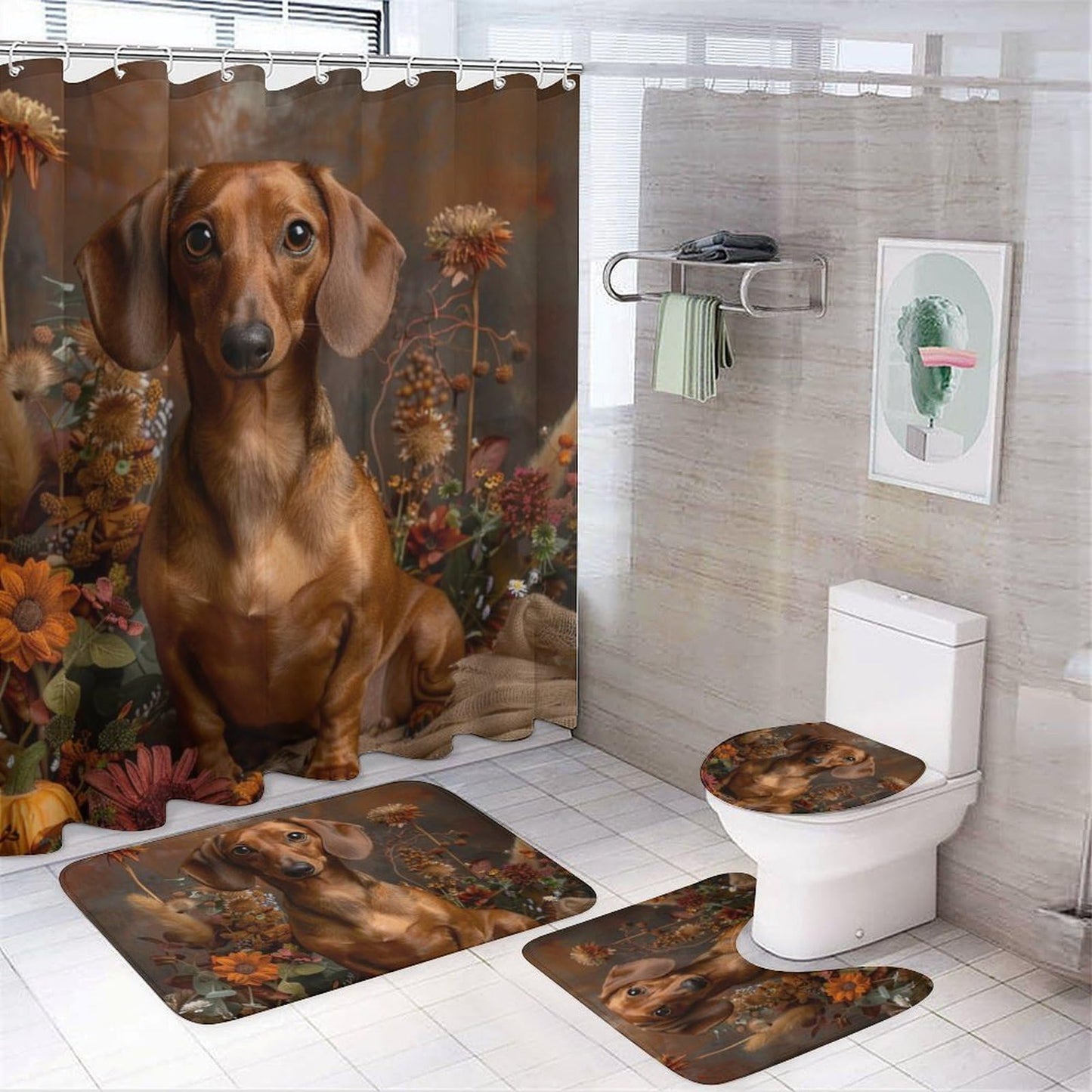 TOWINSFB 4Pcs Cute Dachshund Sunflower Shower Curtain Set with Toilet Lid Cover Non-Slip Rugs for Bathroom, Playful Dog Retro Floral Daisy Shower Curtain Bathroom Sets with Hooks, 72x72 Inch