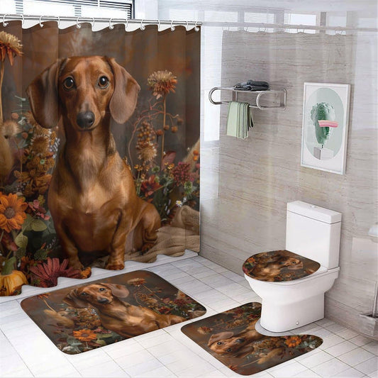 TOWINSFB 4Pcs Cute Dachshund Sunflower Shower Curtain Set with Toilet Lid Cover Non-Slip Rugs for Bathroom, Playful Dog Retro Floral Daisy Shower Curtain Bathroom Sets with Hooks, 72x72 Inch