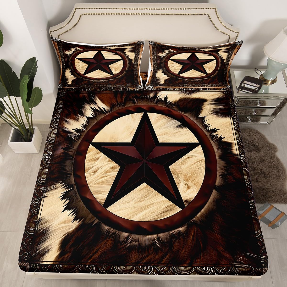 Cow Print Sheet Set Full Size,Retro Cowhide Bed Sheets for Kids Teens Adult,Geometric Western Texas Stars Bedding Set,Rustic Farmhouse Animal Fur Fitted Sheet + Flat Sheet + 2 Pillowcases Wrinkle Free