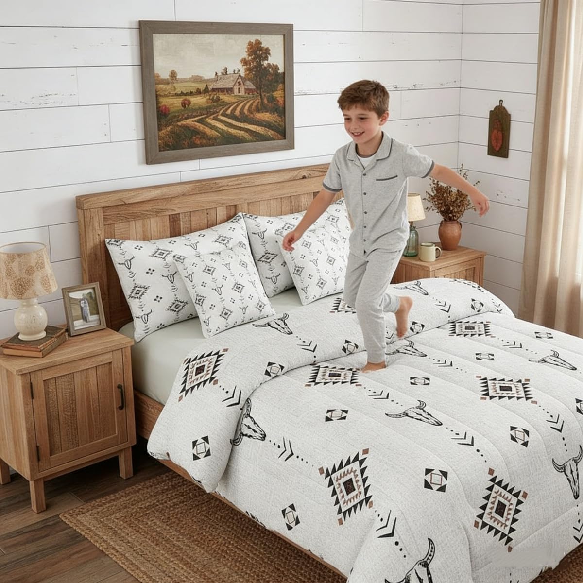Erosebridal Western Aztec Comforter Set Queen Size, Boho Farmhouse Bedding Set 7 Piece for Kids Boys Teens Bedroom Ethnic Southwest Bull Skull Cow Bed in A Bag American Native Southwestern Sheet Sets
