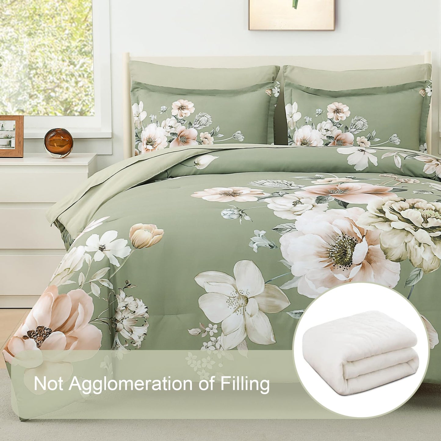 Floral Comforters Queen Size 7 Pieces Botanical Green Flower Bed in a Bag Ulter Soft Microfiber Bedding Set, Lightweight Bed Comforter Set with Sheets for All Season (Green, Queen)
