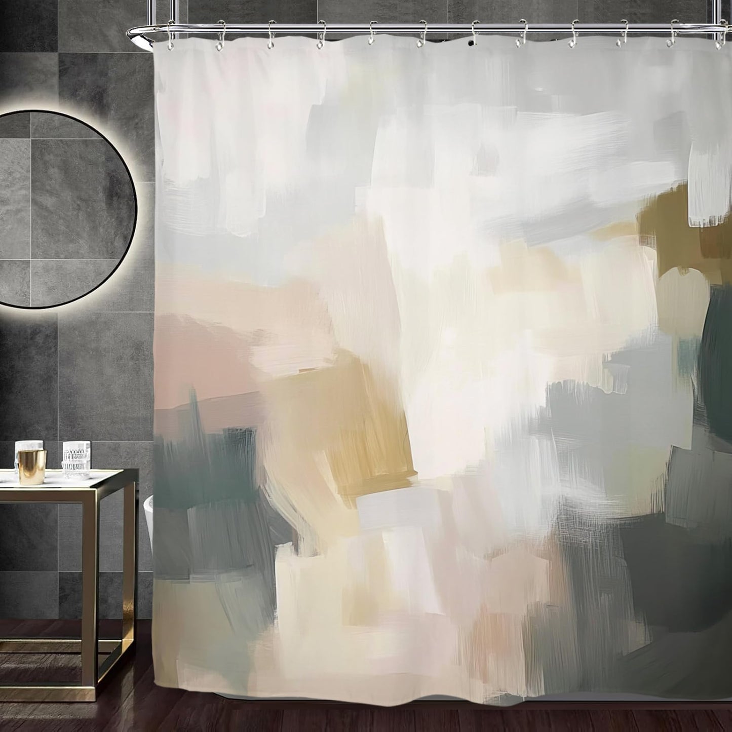 Miyotaa Abstract Modern Brushstroke Shower Curtain Set 60Wx71H Inches Minimalist Neutral Contemporary Aesthetic Oil Painting Simple Art Waterproof Bathroom Curtain with 12 Hooks