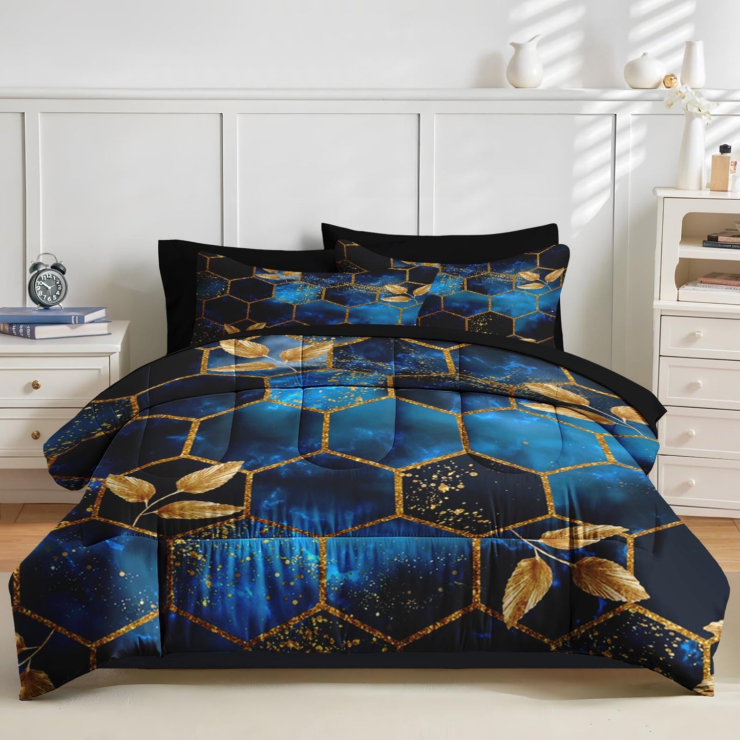 Nesker Comforter Set Queen Size, Luxury Geometric Hexagon 7 Pcs Bedding for Kids and Adults, Navy Blue Gold Marble Leaves Bed Sheet Sets with Fitted Sheet 2 Pillowcases & 2 Shams