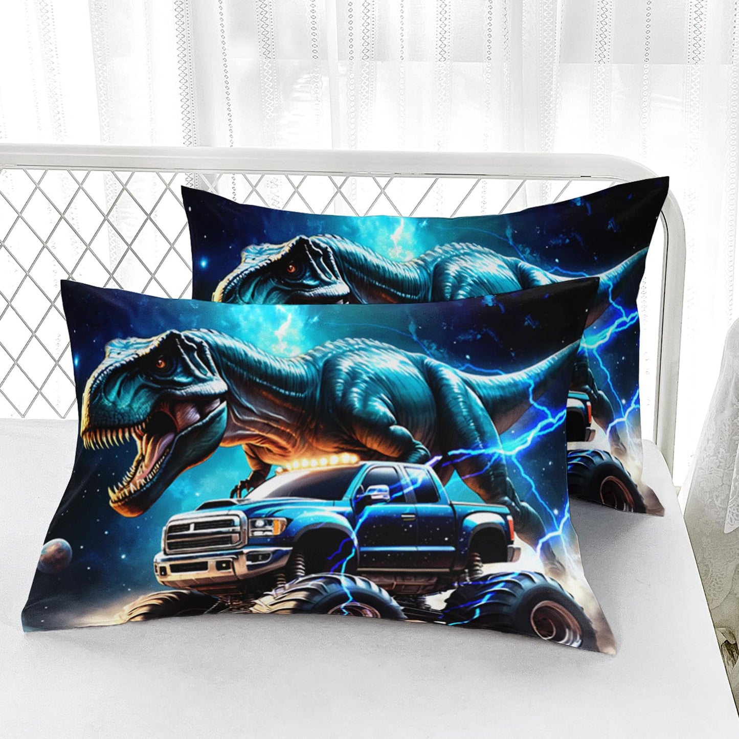 AILONEN Kids Dinosaur Sheets Boys Monster Bedding Set,3D Space Galaxy Dinosaur Fitted Sheet Twin Size with 2 Pillowcases,3 Pieces
