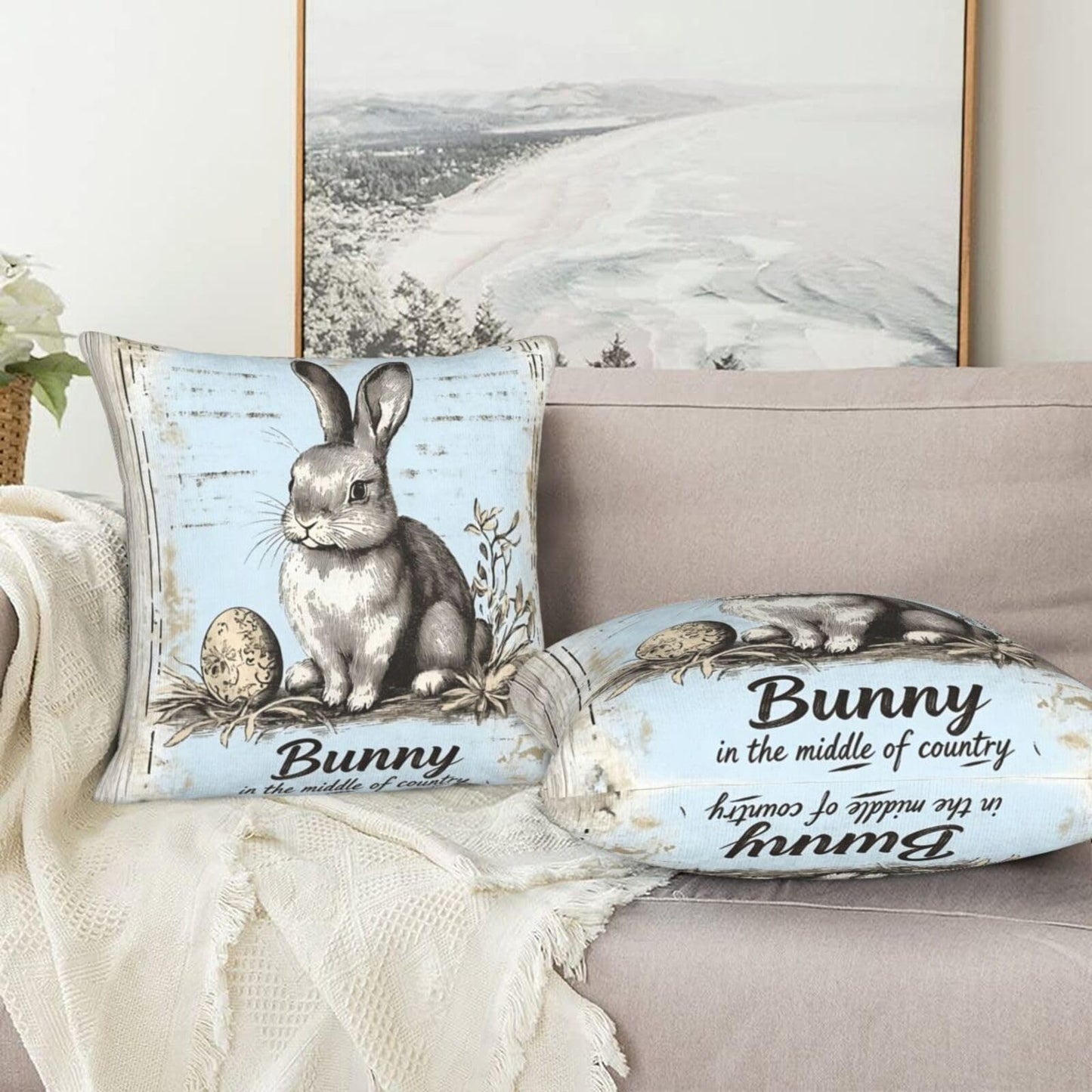 Droerfes Bunny Egg Throw Pillow Covers Set of 2 Couch Pillow Case Decoration Cushion Covers for Sofa Home Living Room Bedroom Outdoor 18X18 Inch