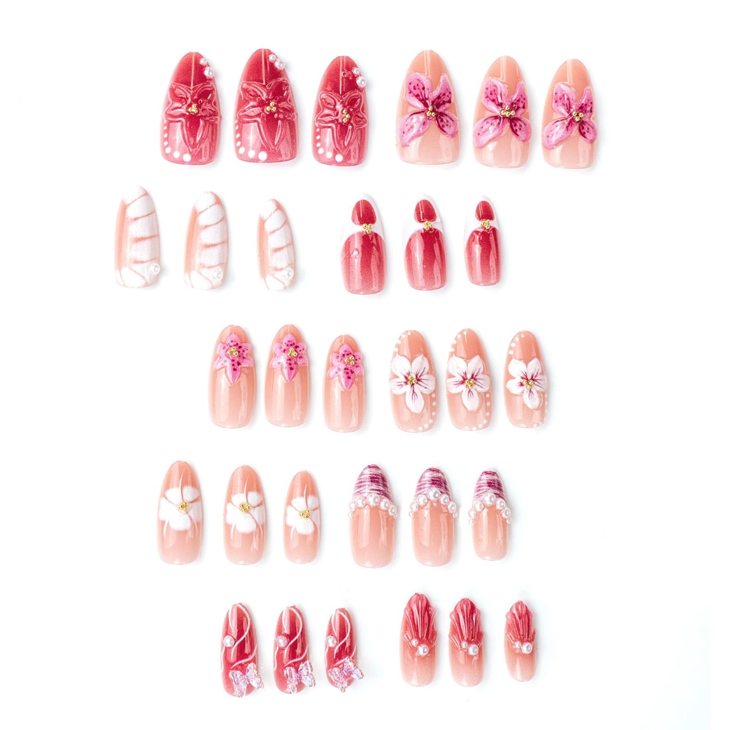 octoswave Press on Nails Medium Almond Fake Nails 3D Flowers Artificial Nail with Pearl Charm Stick on Nail for Women 30pcs