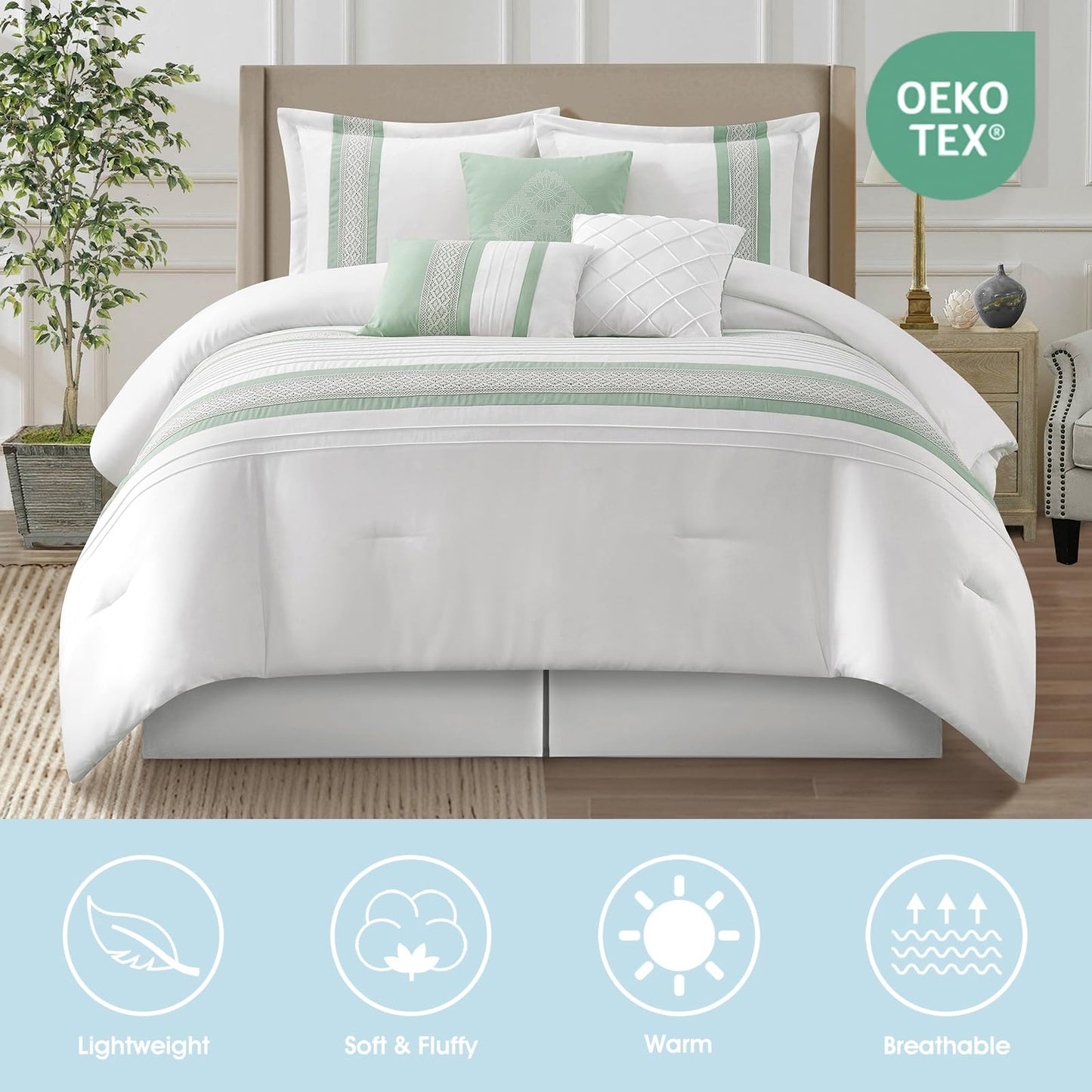 LANCO MODERN LIFESTYLE 7 Piece Comforter Set, Sage White, Queen Size, Boho Style Geometric Microfiber Embroidery, Bed in a Bag with Bedskirt, Pillow Shams and Decor Pillows
