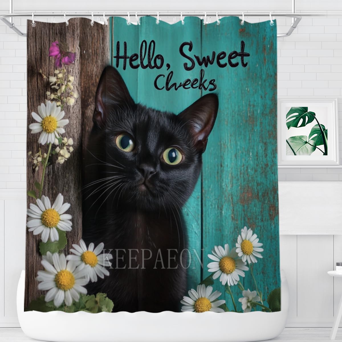 KEEPAEON Black Cat Shower Curtain, Cute Funny Shower Curtains for Bathroom Hello Sweet Cheeks Bathroom Decor with Hooks, Bathroom Curtain 60x72 Inches