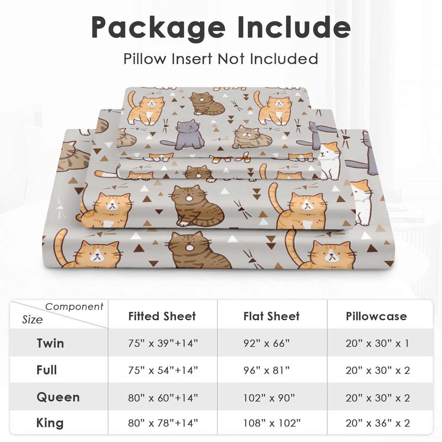 Pamnest Queen Size Bed Sheet Sets, Cute Cat Grey Soft Microfiber 4 Pcs Bedding Sets for Kids and Adults Bedroom Bed Decor, Cartoon Baby Animal Flat, Fitted Sheet and 2 Pillowcases