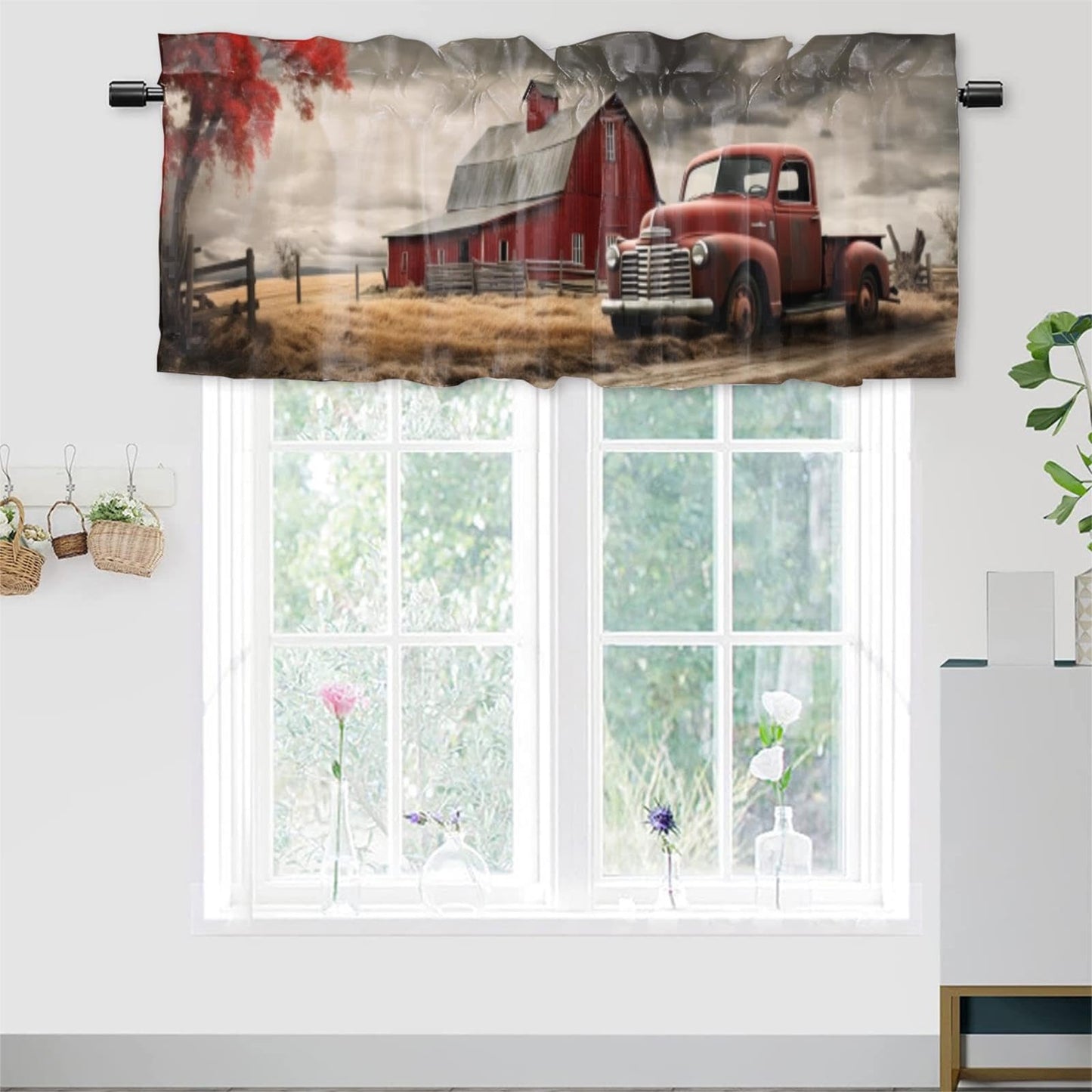 Dabuniu Vintage Red Truck Blackout Valance Curtain for Kitchen Farmhouse Old Barn Rustic Country Farm Truck Rod Pocket Valances for Bedroom Living Room Dining Room 54 by 18 in, 1 Panel