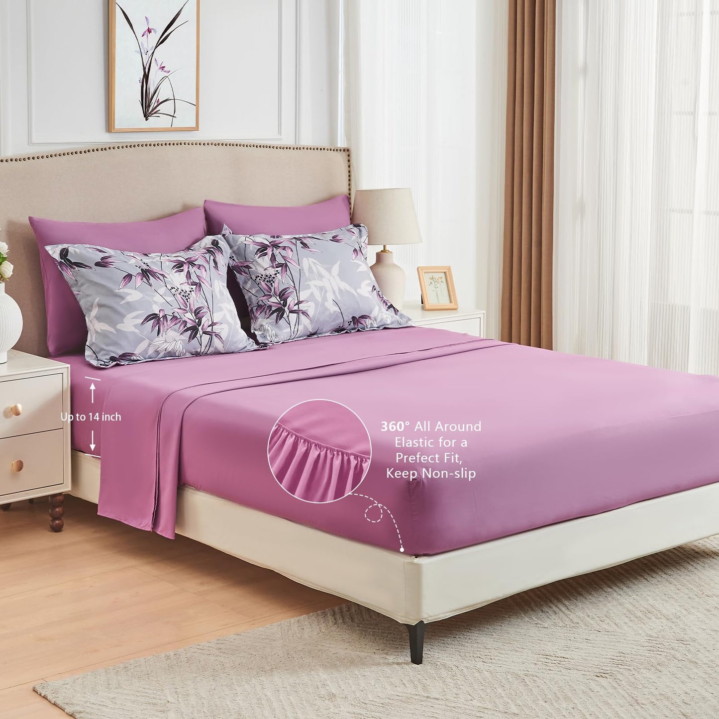 LXWORX Queen Comforter Set Purple - 7 Pieces Bed in a Bag Botanical Leaf Pattern Bedding Set, Soft Lightweight Bed Set with Comforter and Sheets for All Season (Purple,Queen)