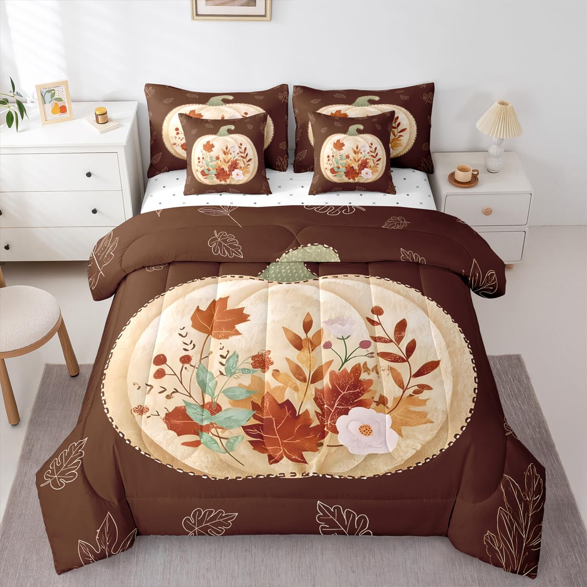 jejeloiu Fall Harvest Comforter Set with Sheets 7 Piece Twin Size Autumn Leaves Bedding Set for Kids Boys Girls Autumn Harvest Theme Bed in a Bag Room Decor Soft Lightweight Microfiber