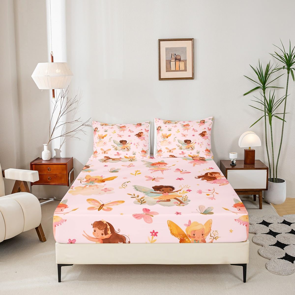 Erosebridal Pink Fairy Twin Fitted Sheet - Butterfly Floral Cute Bedding Set for Girls Kids, Fairies Garden Flowers Bottom Sheets Only | Aesthetic Flower Princess Bed Set 2 Piece Bedroom Decor