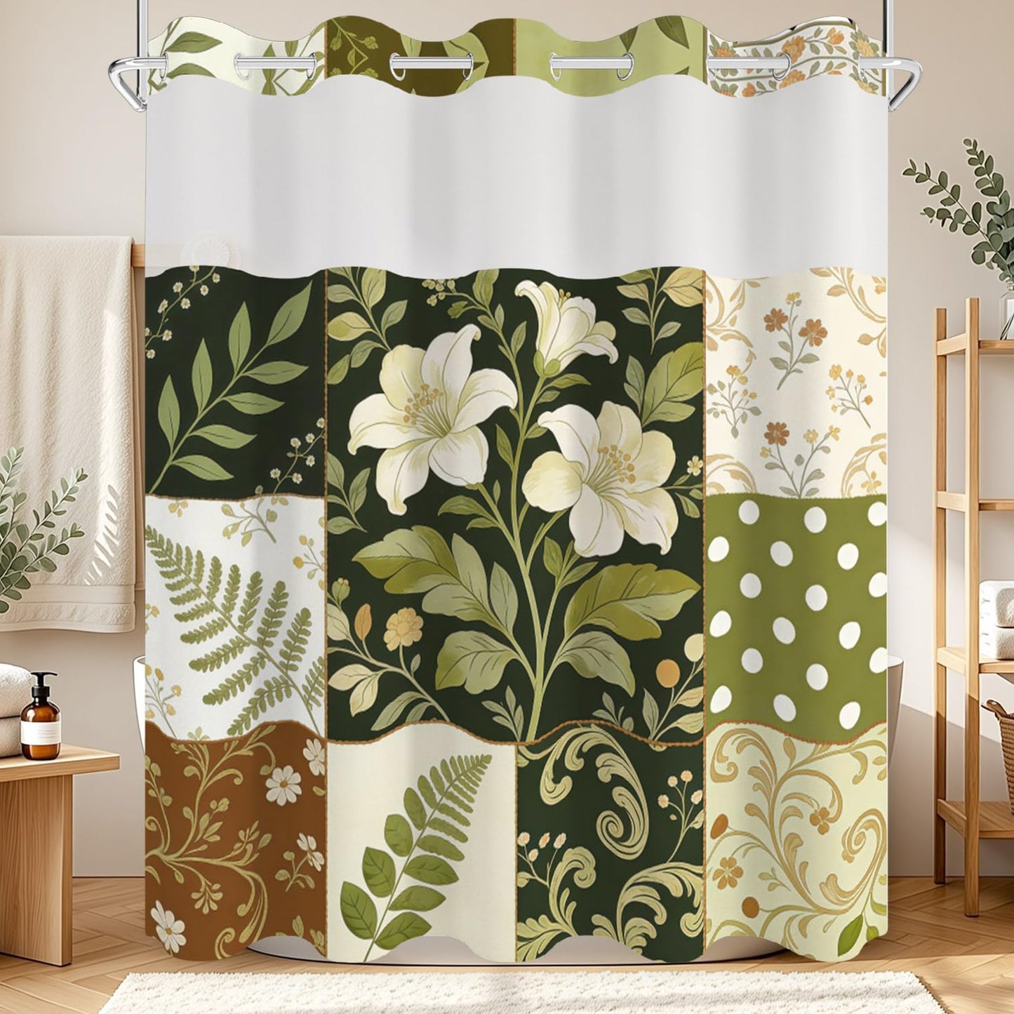 NAEMBCU Boho Floral No Hook Shower Curtain with Snap in Liner Set 71x74 in
