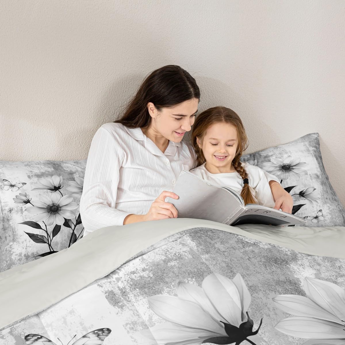 Erosebridal Watercolor Flowers Queen Comforter Set Abstract Oil Painting Daisy Bedding Set Rustic Farmhouse Bed Set Ombre Grey White Quilt Set