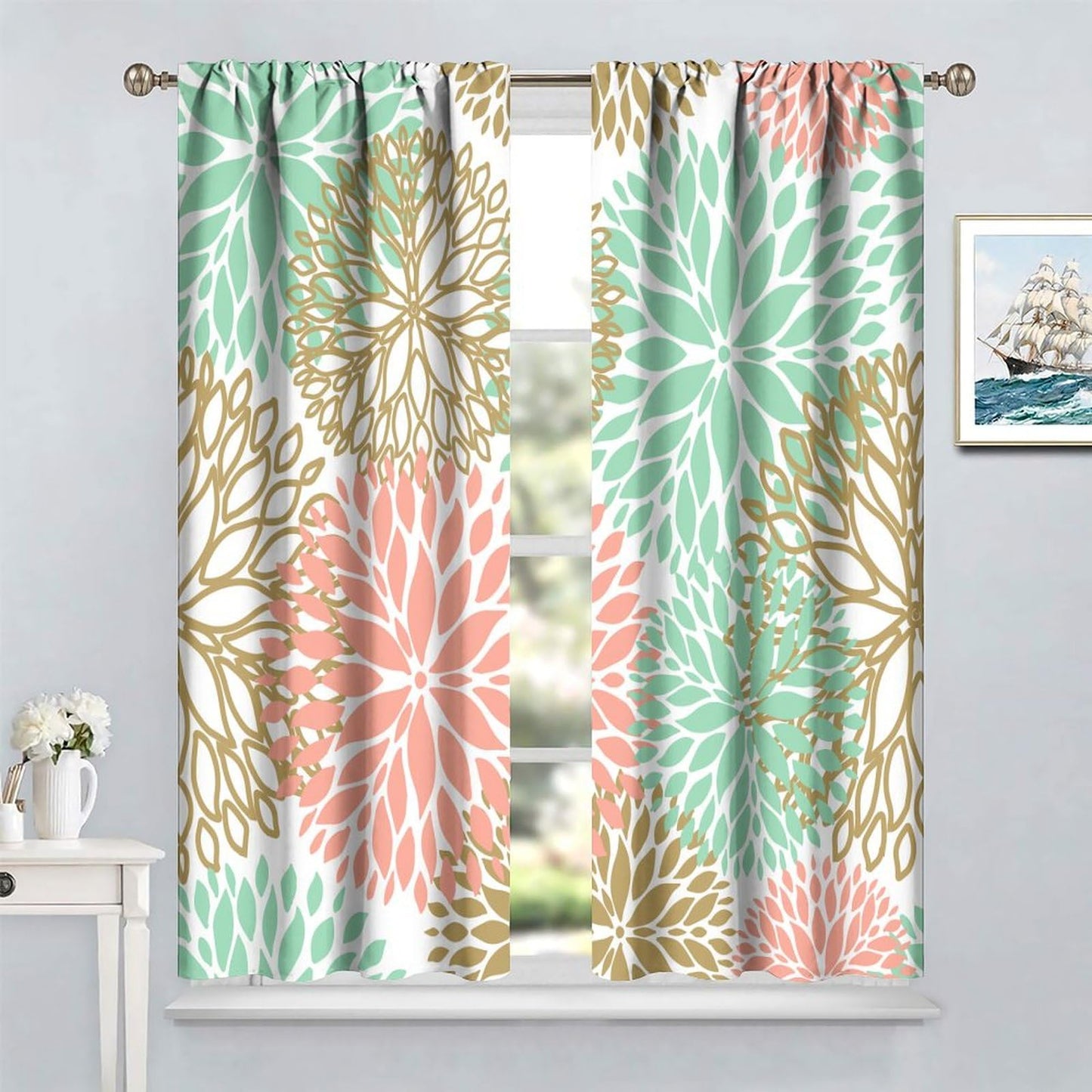Pink Floral Curtains, Boho Dahlia Chrisanthemum Flowers Bright Colorful Window Treatments for Living Room Bedroom Kitchen, Floral Seamless Pattern Drapes 2 Panel Sets,42x45 Inch