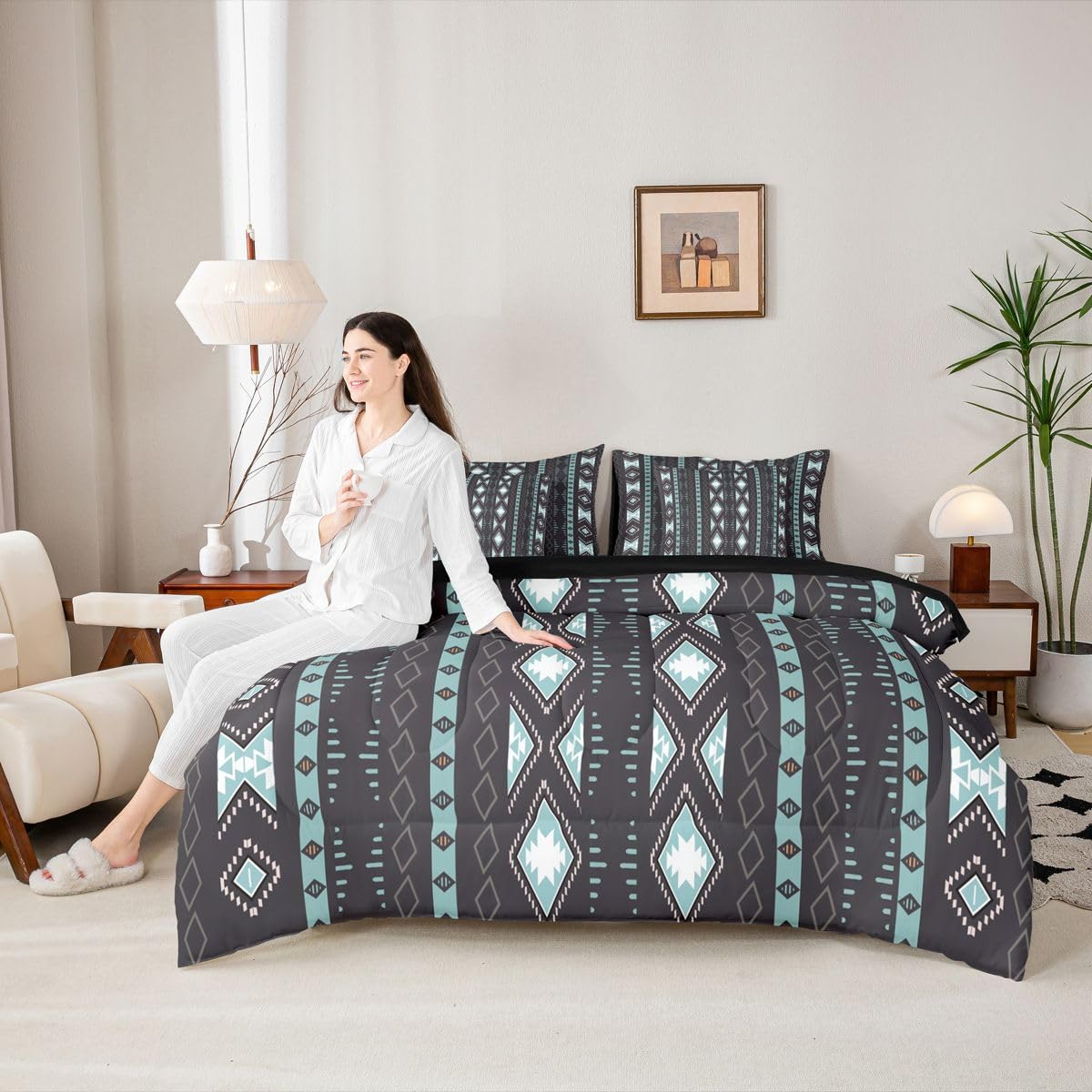 Bohemian Bed in a Bag Queen Comforter Set 7-Piece Boho Striped Aztec Bedding Sets Geometric Triangle Western Comforter and Sheet Set, Country Rustic Bed Sets Exotic Nordic Southwestern Decor,Black