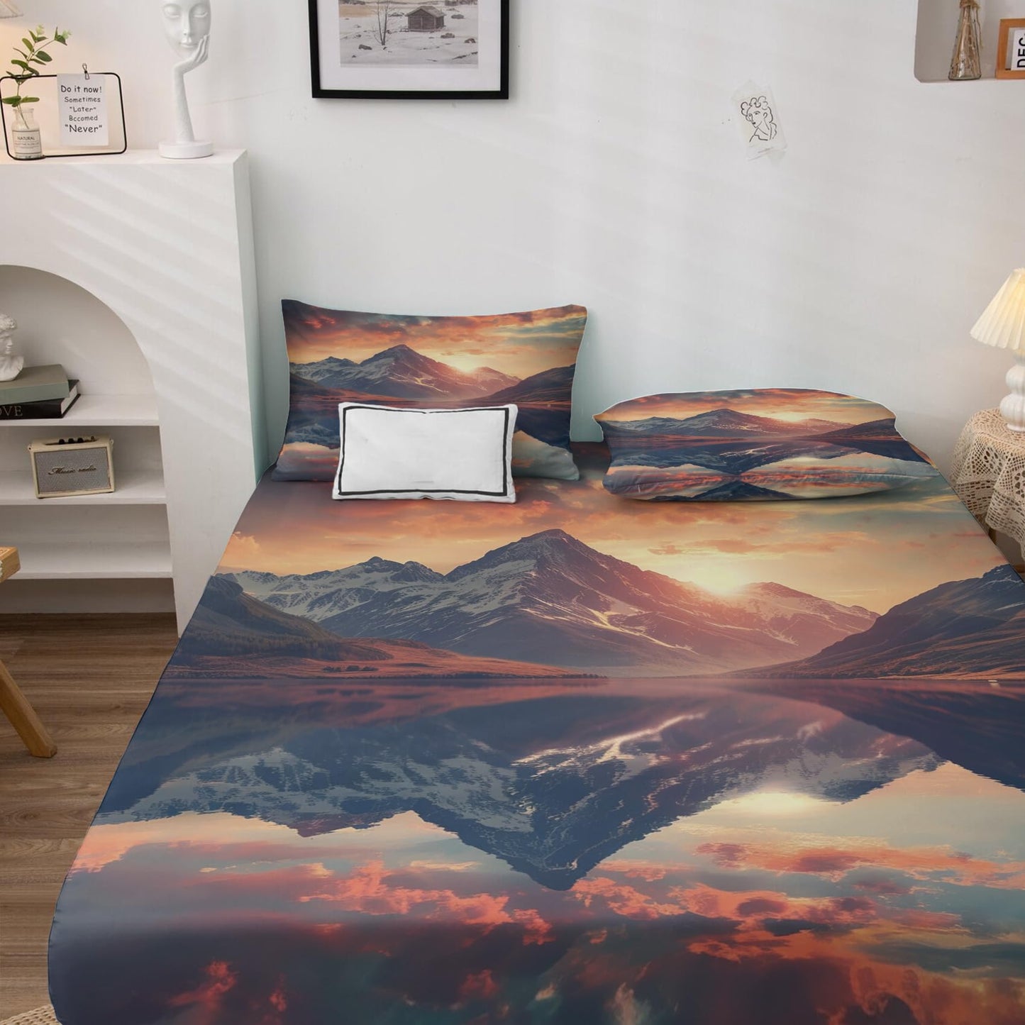 NOGAWA Sunset Mountain Sheets King, Nature Landscape Bed Sheets, Deep Pocket & Soft Microfiber Bedding Sheets & Pillowcases 4 Piece - Fitted Sheet & Flat Sheet & 2 Pillow Cases
