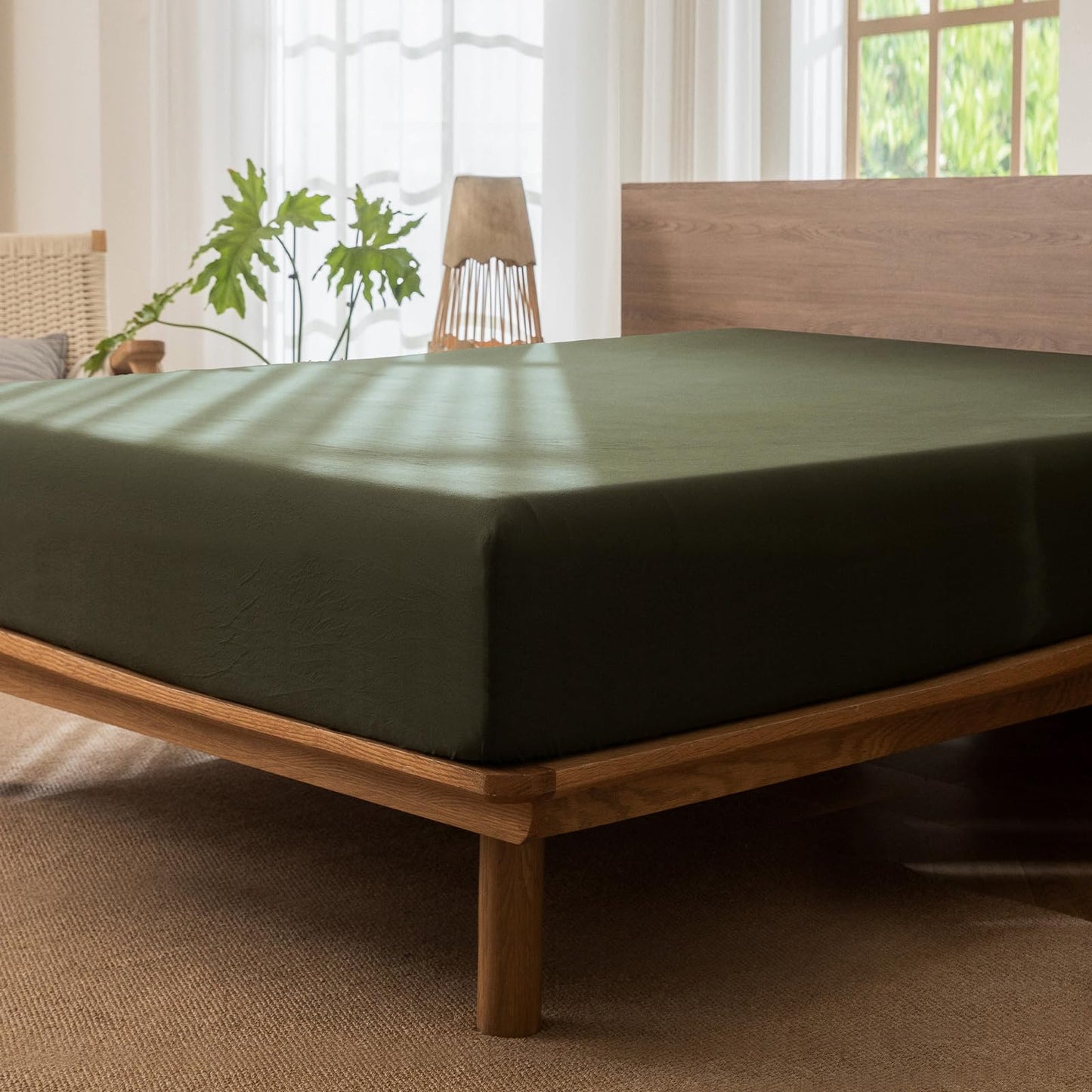 MooMee Fitted Bottom Sheet Only 100% Washed Cotton Linen Like Textured Breathable Durable Soft Comfy Deep Pocket Fits Mattress up to 17" (Olive Green, Queen)
