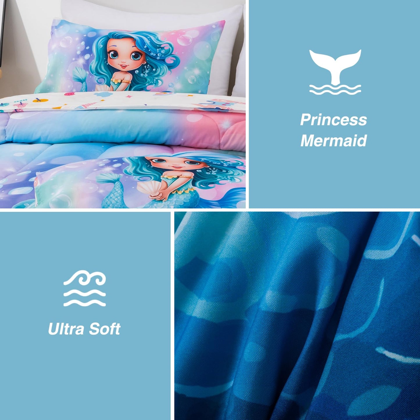 A Nice Night Mermaid Comforter Set Twin 6-Piece Bedding for Girls 3-15 Years, Soft Polyester All-Season Bed in a Bag, Princess Theme Twin Bed Quilt