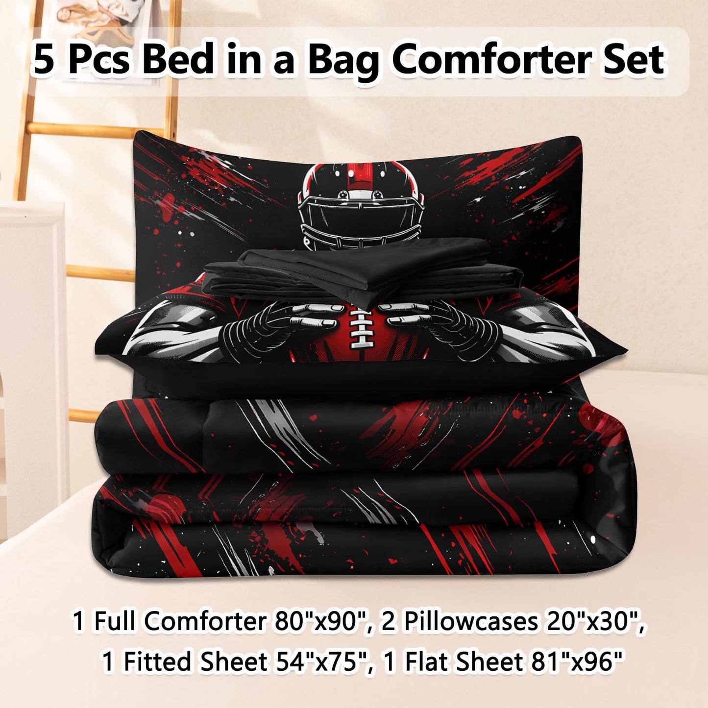 HICAND 5 Pcs Football Full Bedding Set for Boys Teens, Full Size Sports Football Player Boys Comforter Set with Sheets