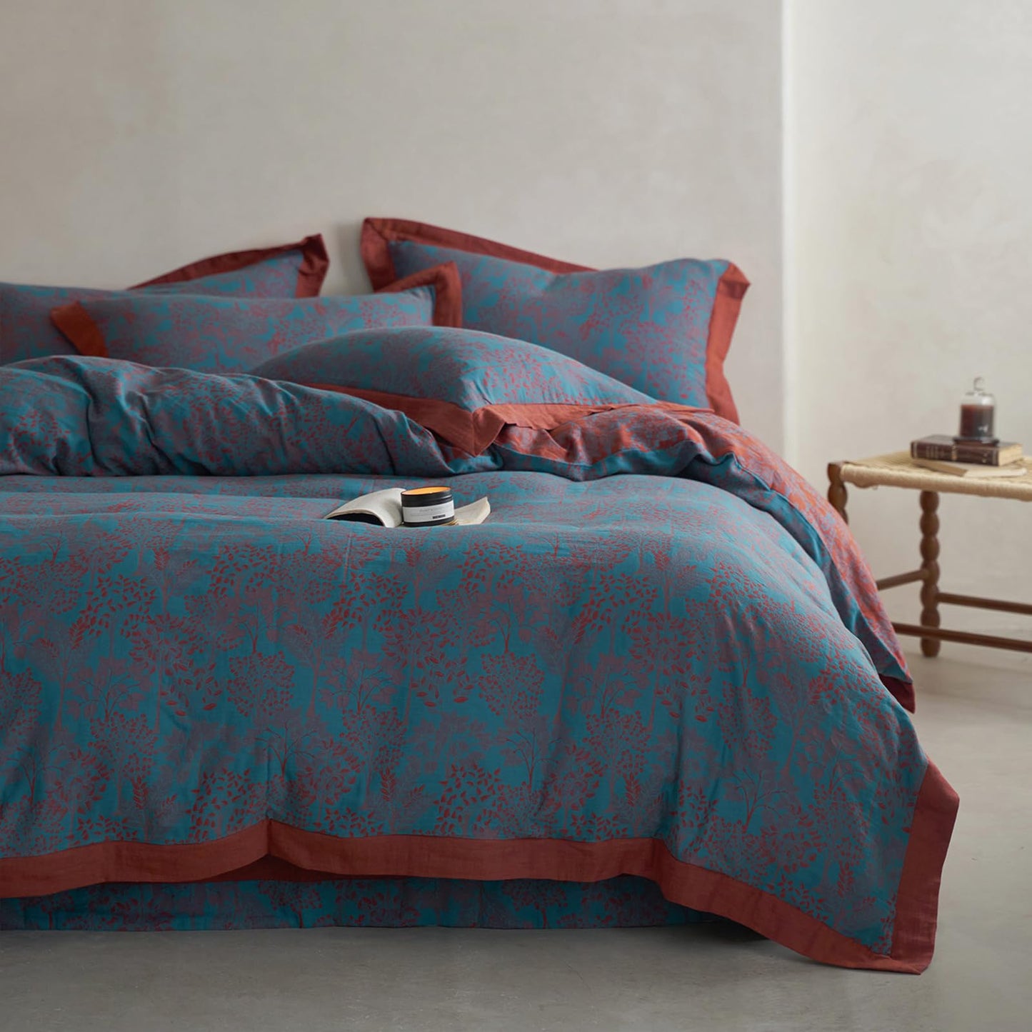 VM VOUGEMARKET Blue Red Duvet Cover Queen,3 Pieces Retro Jacquard Forest Theme Tree Leaves Bedding Set,Linen Cotton Yarn-Dyed Textured Duvet Cover with Zipper Closure