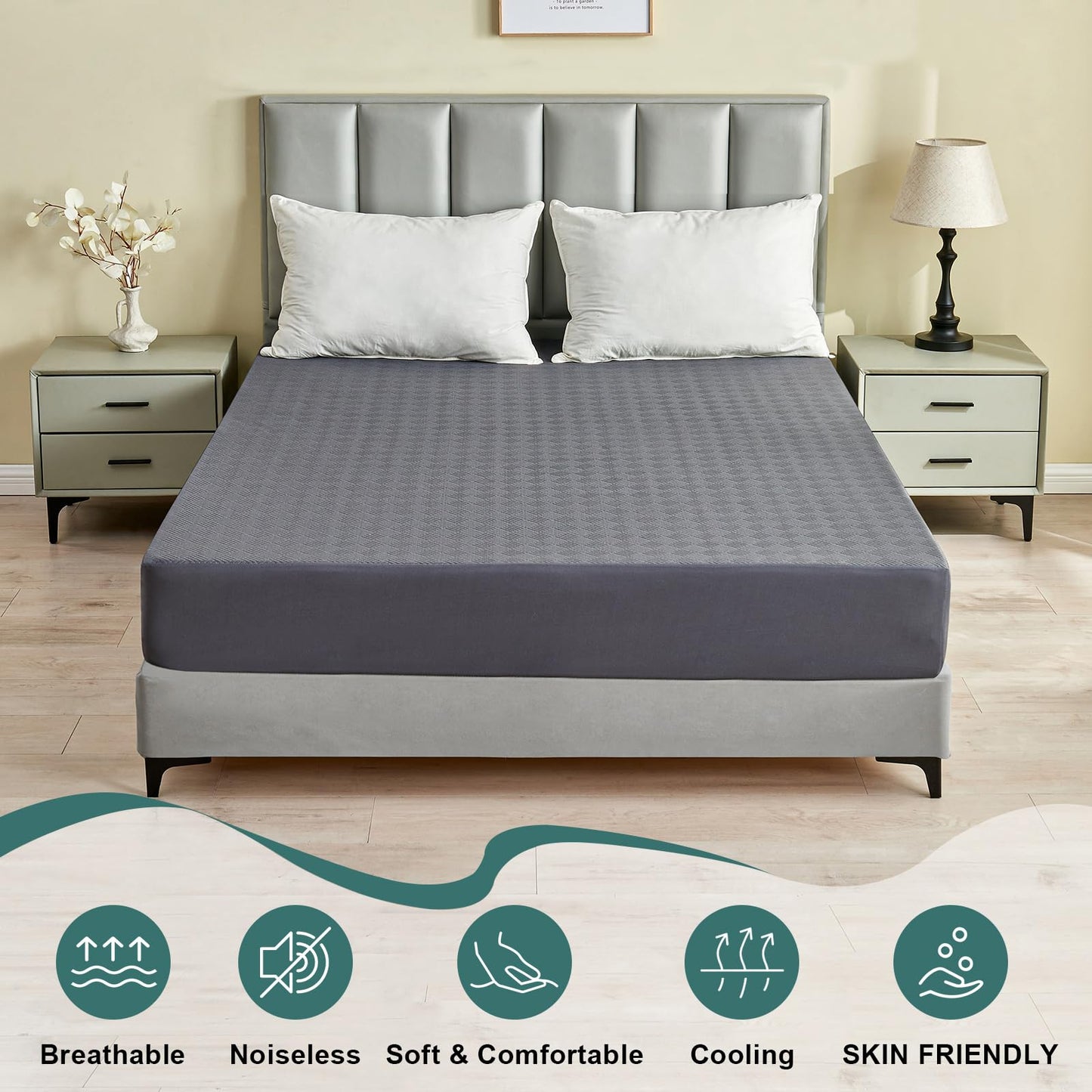 Inooro Queen Size Waterproof Mattress Protector, Breathable Bed Cover with 6 to 18 Inch Deep Pocket, Cooling Quiet Fitted Sheet, Noiseless Machine Washable for Home Bedroom Hotel, Gray (60x80 Inches)