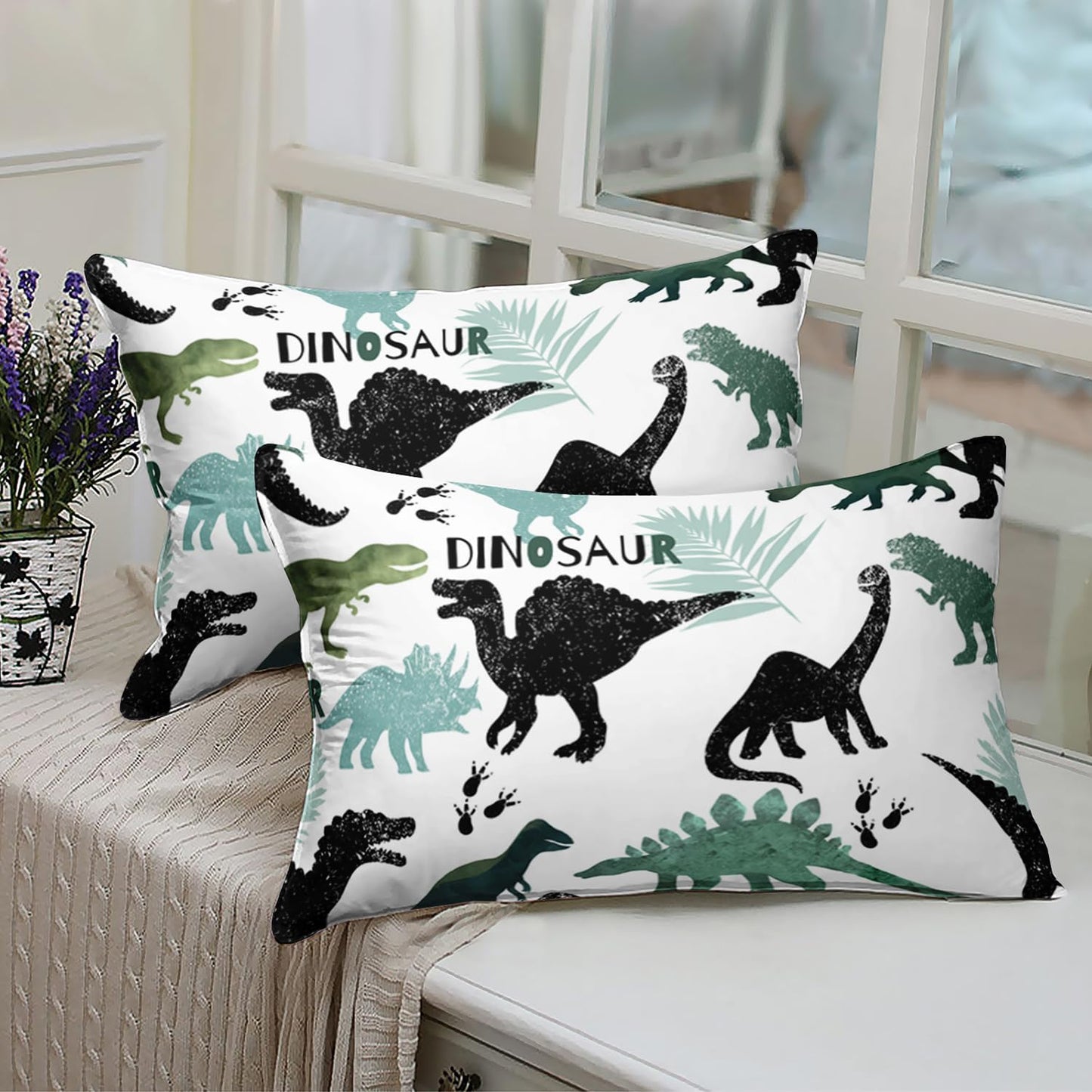 AILONEN Dinosaur Kids Fitted Sheet Set, Black and Green Dinosaur Bed Sheet Set, Soft Fitted Sheet with 2 Pillowcases for Boys