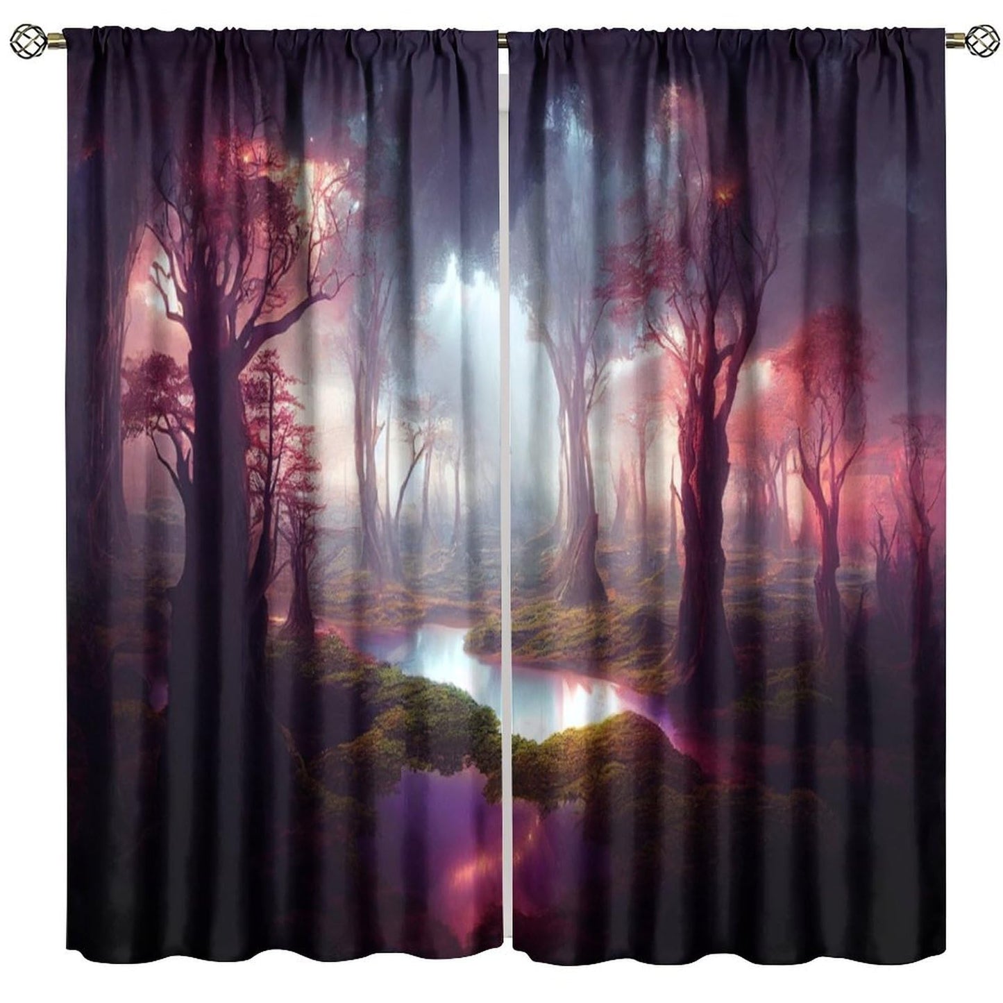 BenYaSong Forest Moon Blackout Window Curtain Vast Fantasy Landscape Feywild Trees and Surreal Glowing Art for Home Kitchen Restaurant Decoration Window Curtain 2Panel 42" W X 45" L