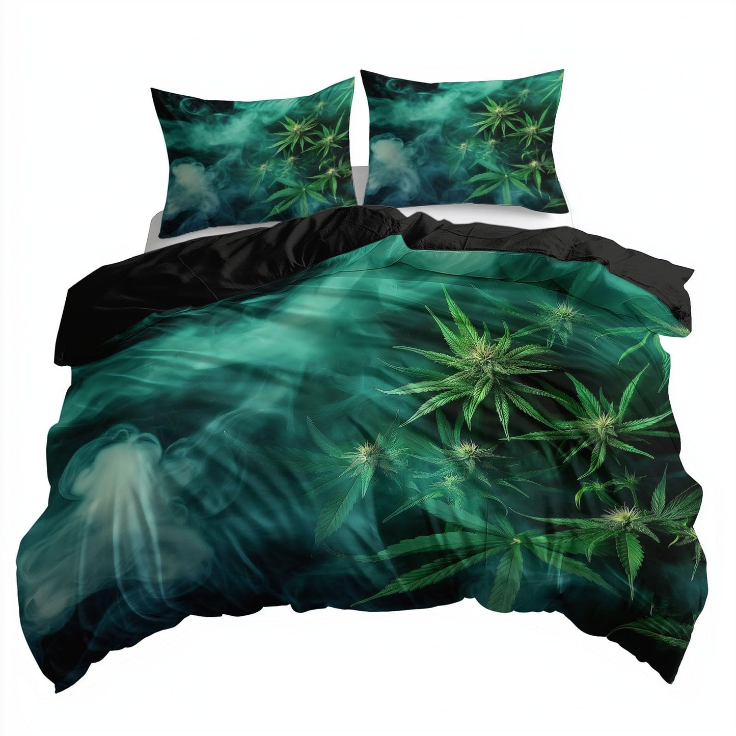 Duvet Cover Twin Size, Reversible King Duvet Cover Set with Pillowcases Zipper Closure, Plant Marijuana Leaf Texture Microfiber Bedding Set with 4 Ties, Black