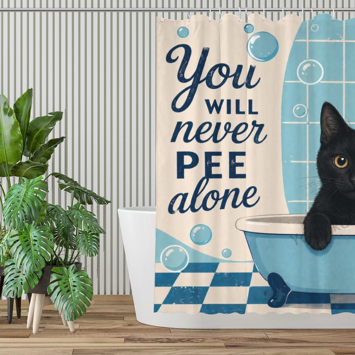 Youtoko Funny Black Cat and Bathroom Humor of You Will Never Pee Alone 72x72 Shower Curtain with 12 Hooks Waterproof Washable Polyester