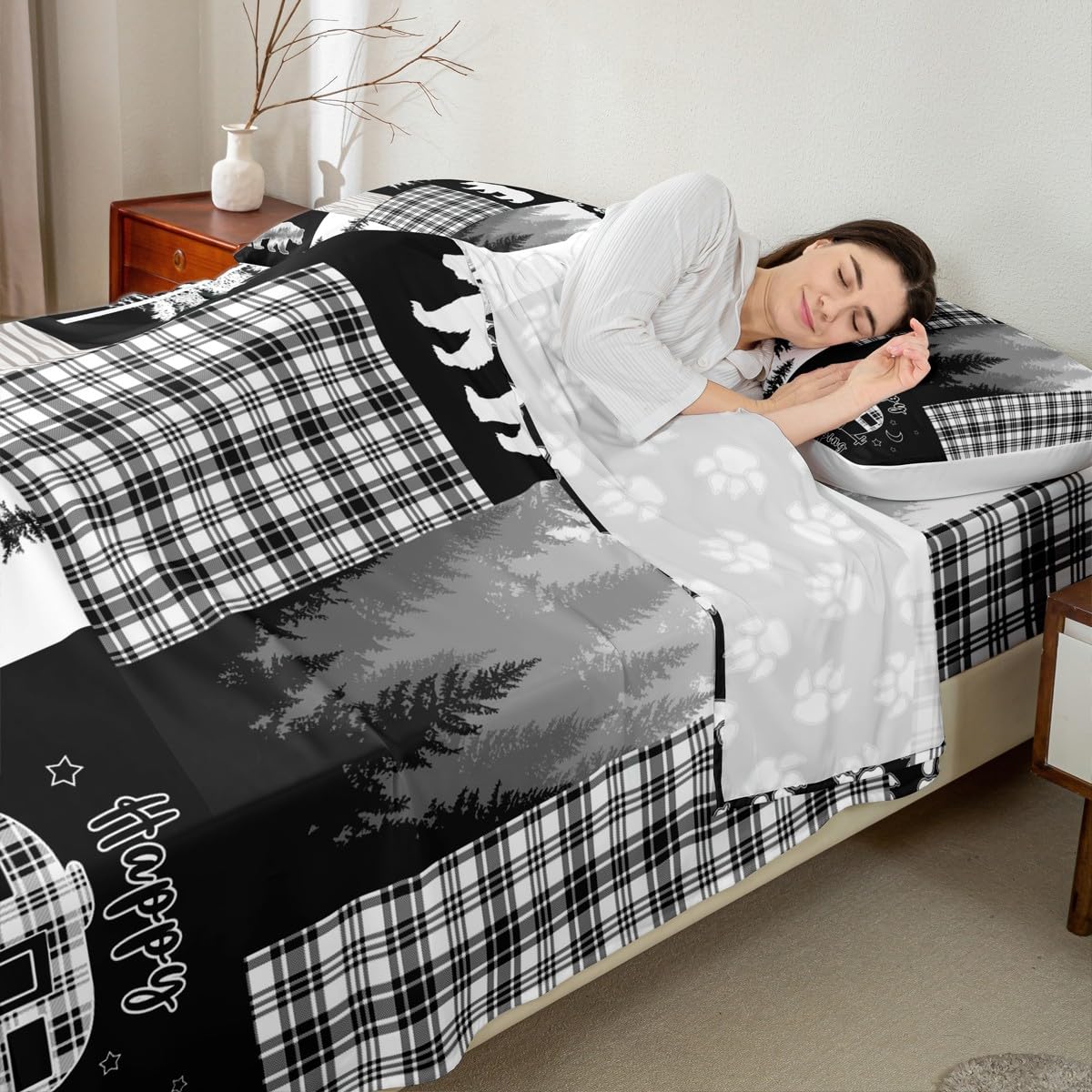 Bear Sheet Set Queen Size,Wildlife Hunting Woodland Rustic Cabin Bed Sheets for Boys Girls Kids Adult,Camping Adventure Geometric Plaid Patchwork Fitted Sheet,Xmas Pine Tree Sheets Gray Black