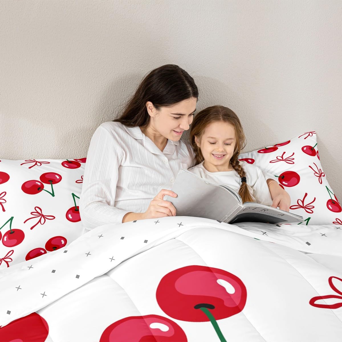 Manfei Cherry Bowknot Kids Comforter Set Twin Size,Geometric Patchwork Bow Tie Bedding Set,Girls Princess Room Decor,Tropical Fruit Butterfly Knot Down Comforter,Red Chic Duvet Insert,1 Pillowcase