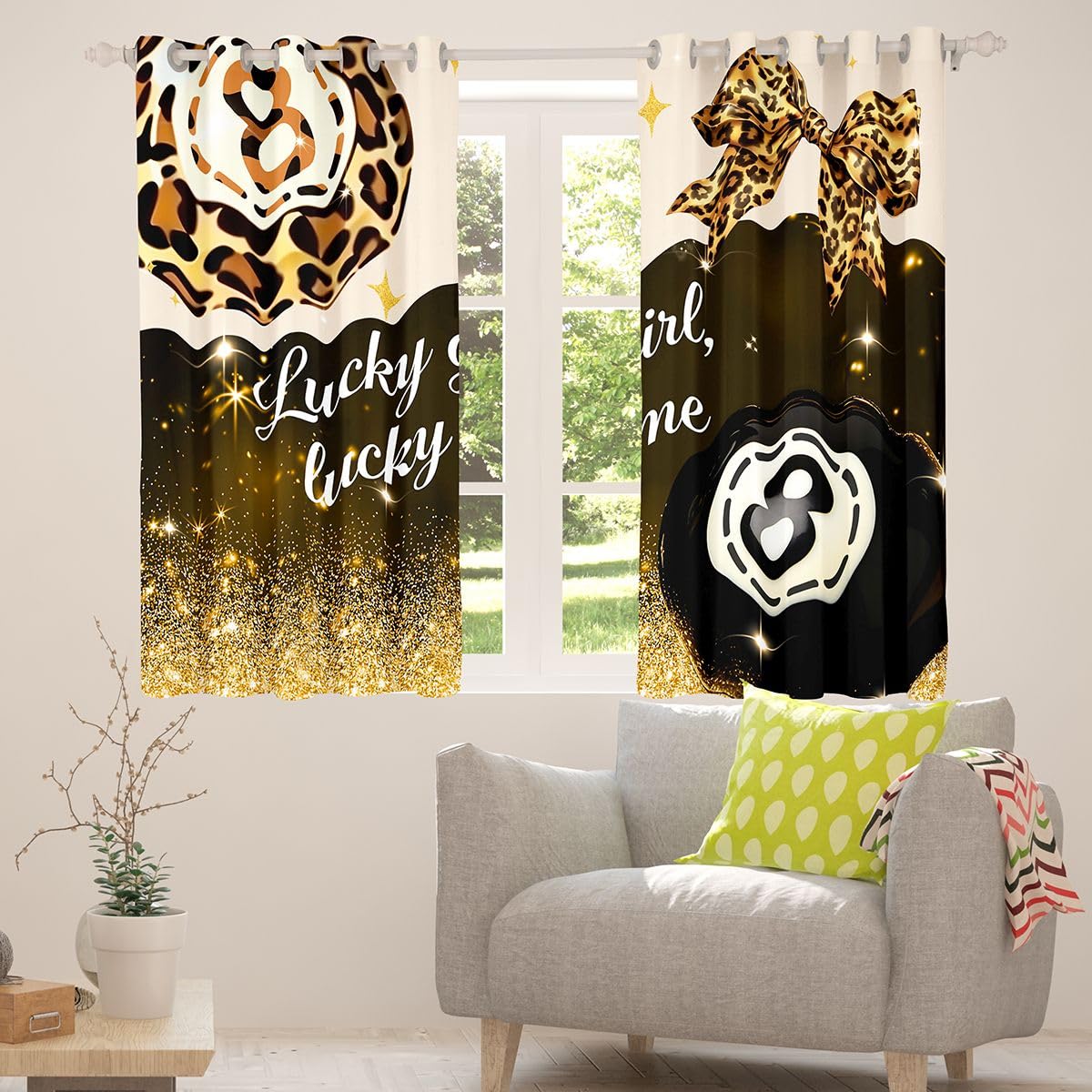 Erosebridal Y2K Lucky 8 Ball Window Drapes Fashion Leopard Bowknot Blackout Curtains 42" Wx63 L Golden Glitter Print Curtains for Bedroom,Funky Trendy Aesthetic Preppy Window Treatments 2 Panels