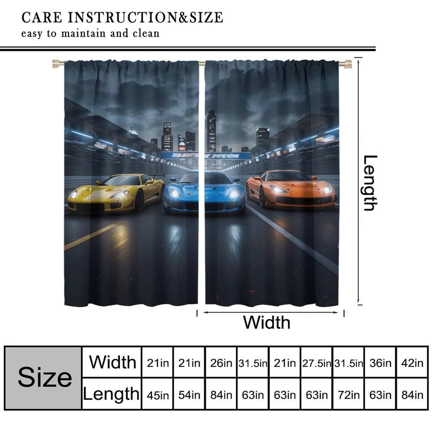 Nsbul Speed Racing Curtain, High-Speed Night City Extreme Sport Cars Cool Design Window Drapes for Kids Boys Bedroom Living Room, 42" W X 45" L (No Blackout)