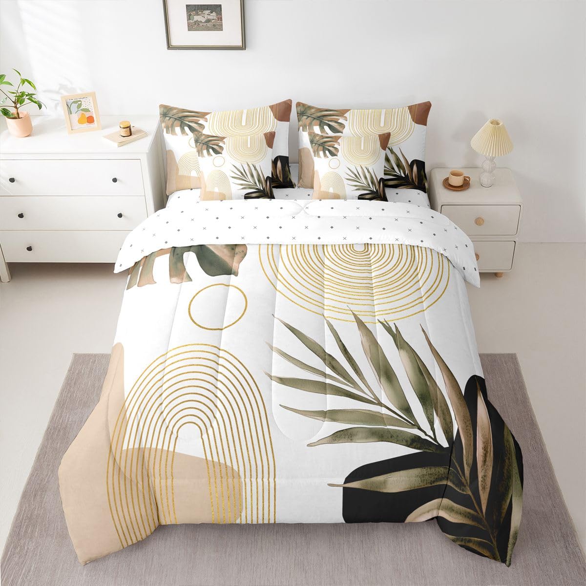 Erosebridal Boho Brown Full 7 Pcs Bedding Set, Abstract Bohemian Mid Century Aesthetic Comforter Set with Sheets, Modern Simple Minimalist Geometric Bed in A Bag, Plant Botanical Palm Leaf Bed Sets