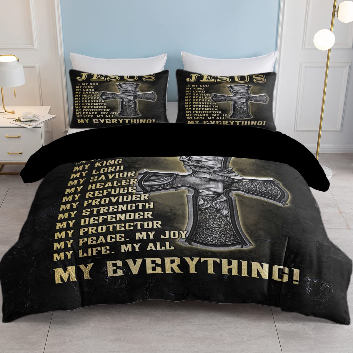 SOULZZZ Jesus Cross Print Comforter Cover Set Religious Christian God Cross Duvet Cover King, Western Culture Exotic Savior Bedding 1 Duvet Cover with 2 Pillowcases