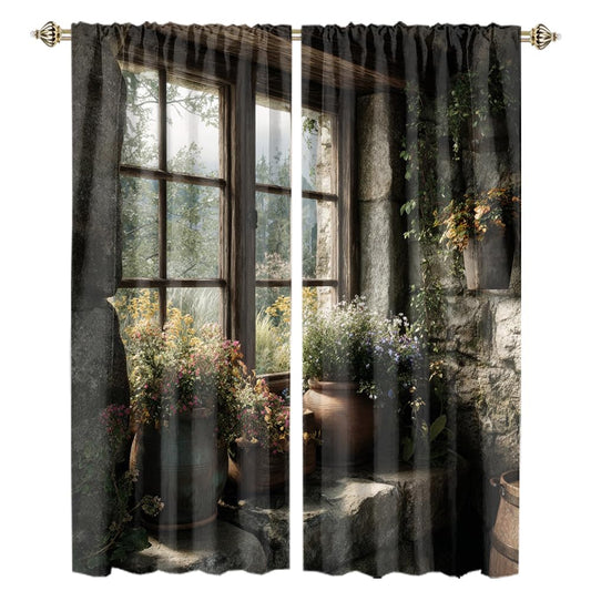 XSUPFLYM Beautiful Fantasy Stone Wall Window Thermal Curtain for Living Room Fantasy Realistic European House Plant Floral Green Leaves Blackout Curtains for Bedroom 2 Panels Each 21" W x 45" L