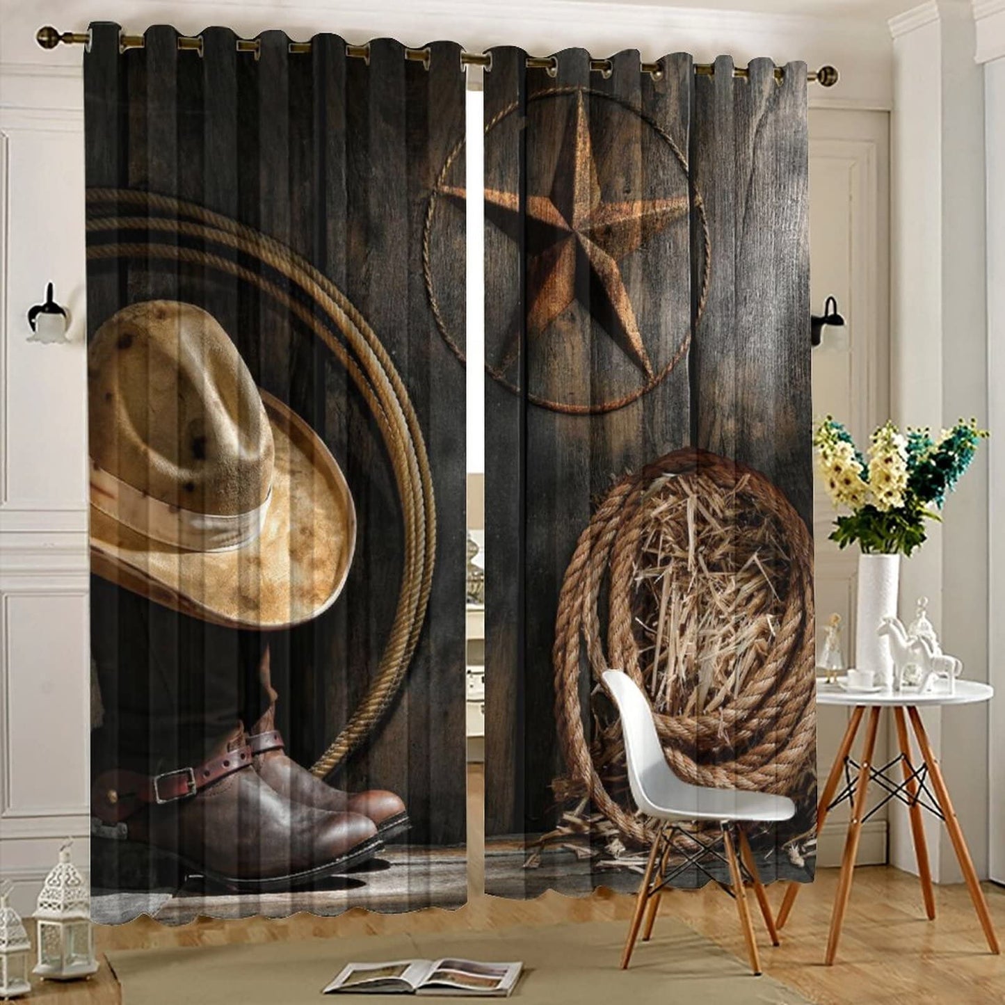 Kazynee Western Farmhouse Room Darkening Blackout Window Curtains with Grommets,Rustic Cowboy Leather Boots Texas Star Hat on Wooden Energy Efficient Window Treatment 2 Panels 63L x 21W