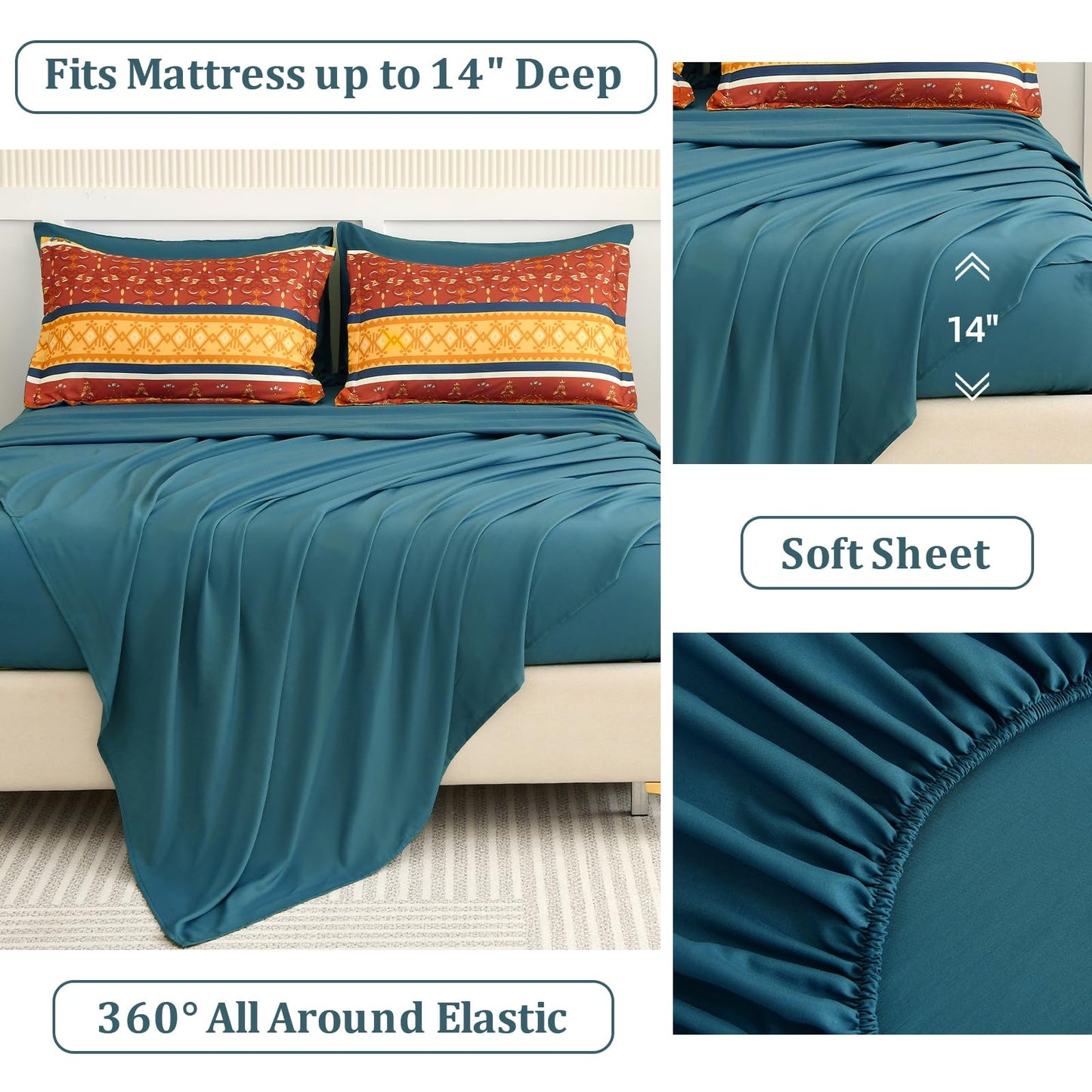 WONGS BEDDING Boho Comforter Set King Size,7 Pieces Bed in a Bag Bohemian Striped Bedding Set,Burnt Orange Paisley Floral Comfortet and Sheet Set,Soft Microfiber Bedding Sets for All Season