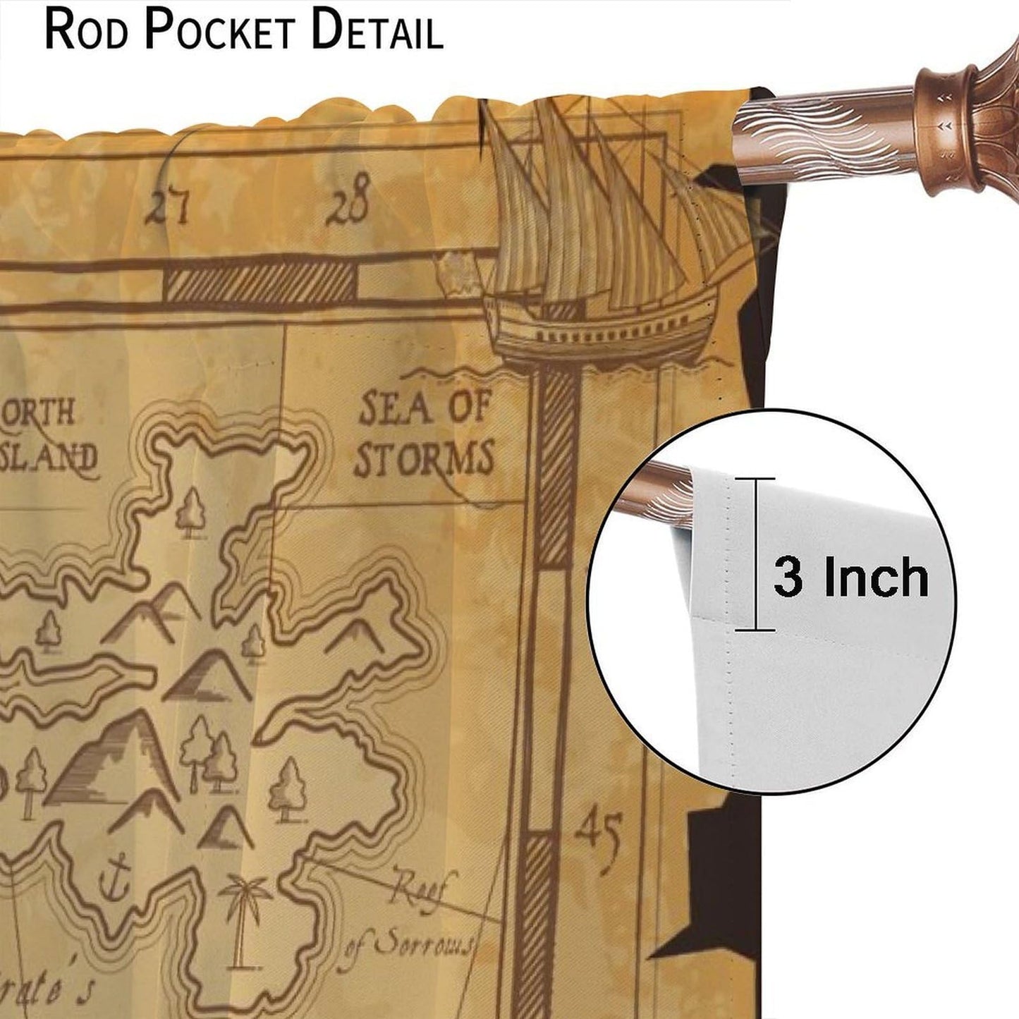 wlsgdsg Pirate Map Curtains for Boys Vintage Medieval Ocean Themed Old Nautical Treasure Compass Sailboat Map Pattern Window Treatments for Kids Teen Bedroom Living Room 42x44.5In（No Blackout）