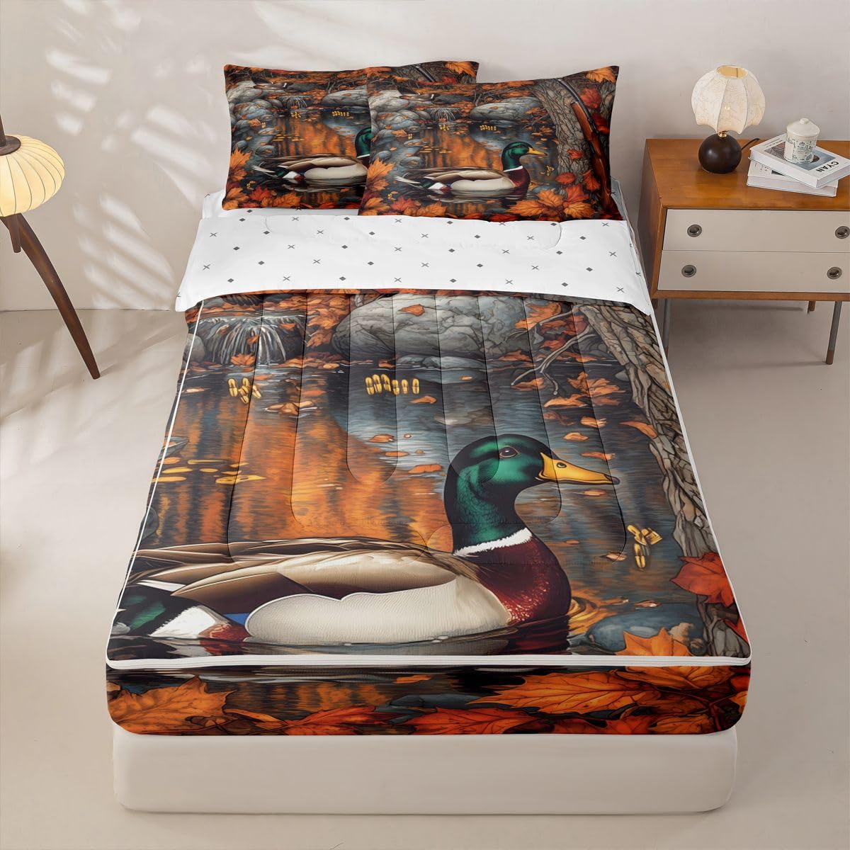 jejeloiu Mallard Duck Twin Zipper Bedding Set Hunting Wildlife Kids Comforter Set with Fitted Sheet and 2 Pillowcases Autumn Pond Bed in a Bag Duck Zip Up Bedding Soft Microfiber