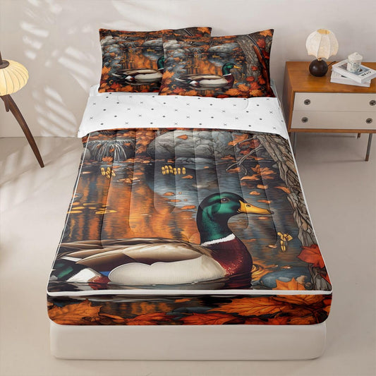 jejeloiu Mallard Duck Twin Zipper Bedding Set Hunting Wildlife Kids Comforter Set with Fitted Sheet and 2 Pillowcases Autumn Pond Bed in a Bag Duck Zip Up Bedding Soft Microfiber
