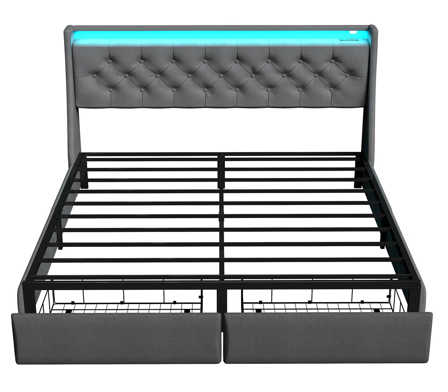 SADENICEL Full Size Bed Frame with Storage Headboard and 2 Drawer, Metal Full Bed Frame Platform with LED Light, Charging Station, No Box Spring Needed, Noise Free, Easy Assembly, Grey