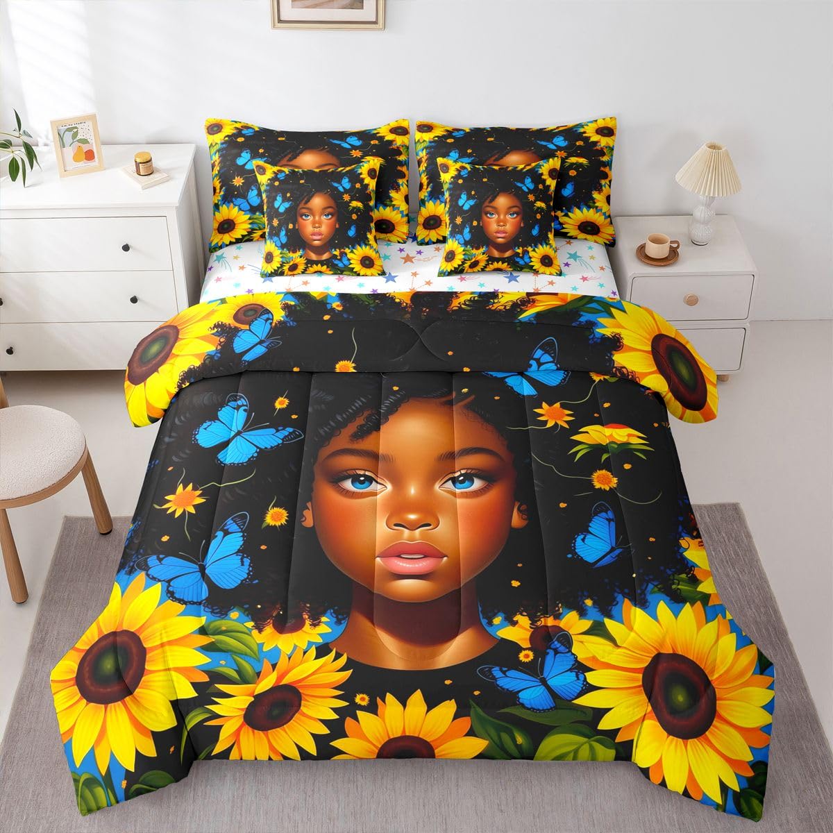 Erosebridal Cute Black Girls Queen Bedding Set Pretty Sunflower Comforter Set with Flat and Fitted Sheet Teen Kids Coquette Blue Butterfly 7-Piece Bed in a Bag Aesthetic Watercolor Floral Quilt Sets